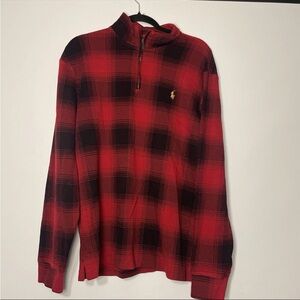 Polo By Ralph Lauren Men's Estate Rib Red & Black Plaid 1/4 Zip Pullover Large